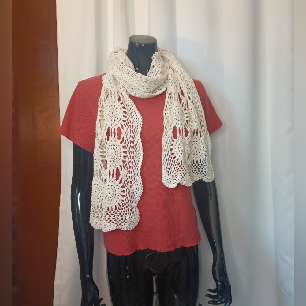 Womens Vintage Doily Crochet Scarf Ivory Cottagecore Dainty Boho Grandma Beach